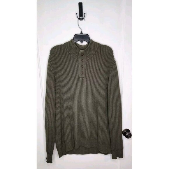 LL Bean Ribbed Heavy Knit Sweater Green Henley Cotton Long Sleeves Men's Large - Picture 1 of 4